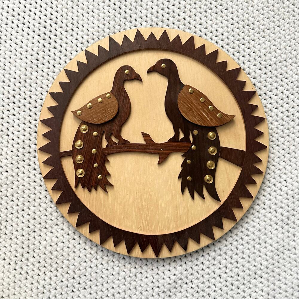 Vintage 12" Round Wooden Laser Cut Pair Peacock Couple Marquetry Wall Hanging